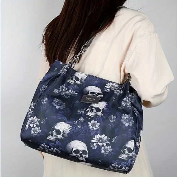 Gothic Skull Blue Floral Print Hobo Bag Shoulder Bag Womens Punk Style Purse - Picture 8 of 8